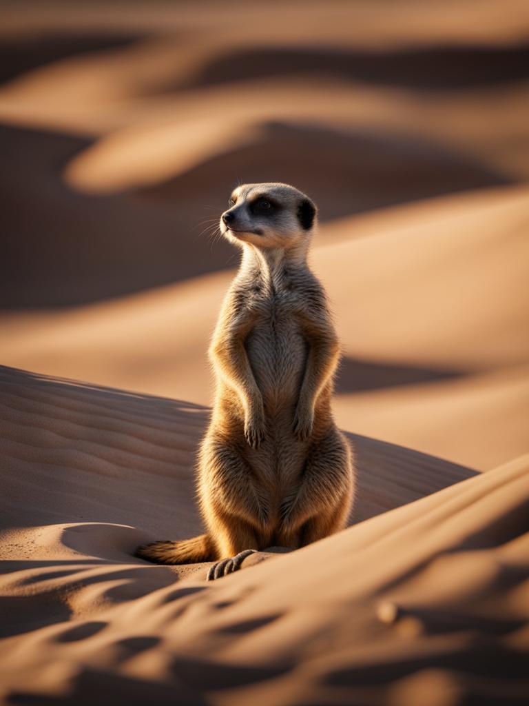 meerkat standing guard over its burrow in the arid desert 8k ultrarealistic cinematic 