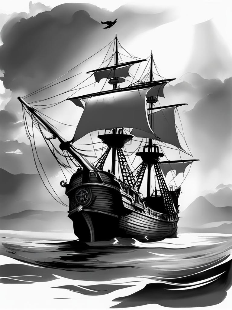 haunted pirate ship - sketch a ghostly pirate ship haunted by the crew's vengeful spirits. 