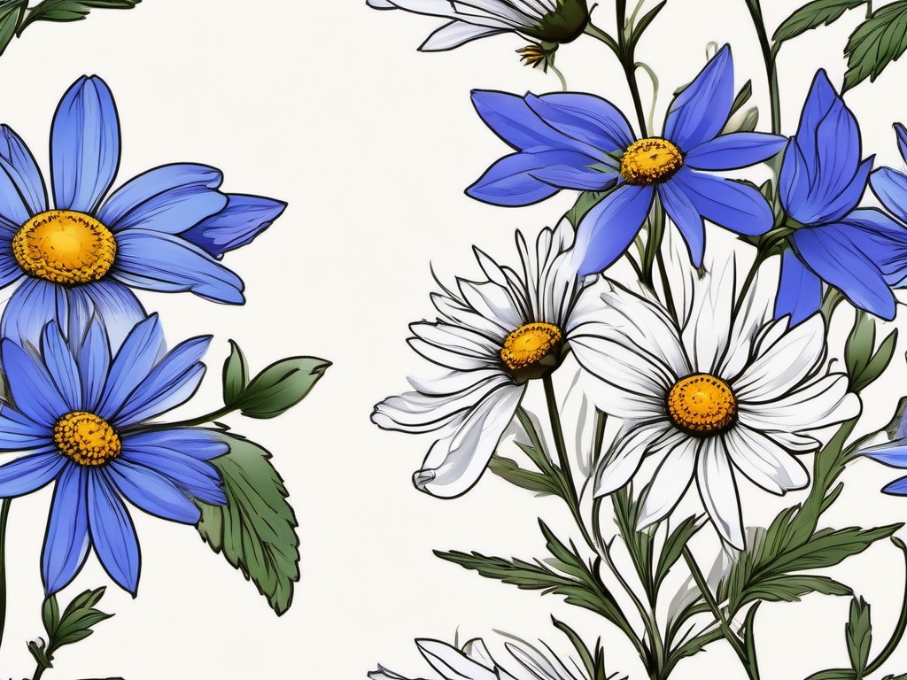 Daisy and Larkspur Tattoo-Capturing the beauty of daisies with the refined charm of larkspur flowers in a tattoo, expressing love and positivity.  simple vector color tattoo