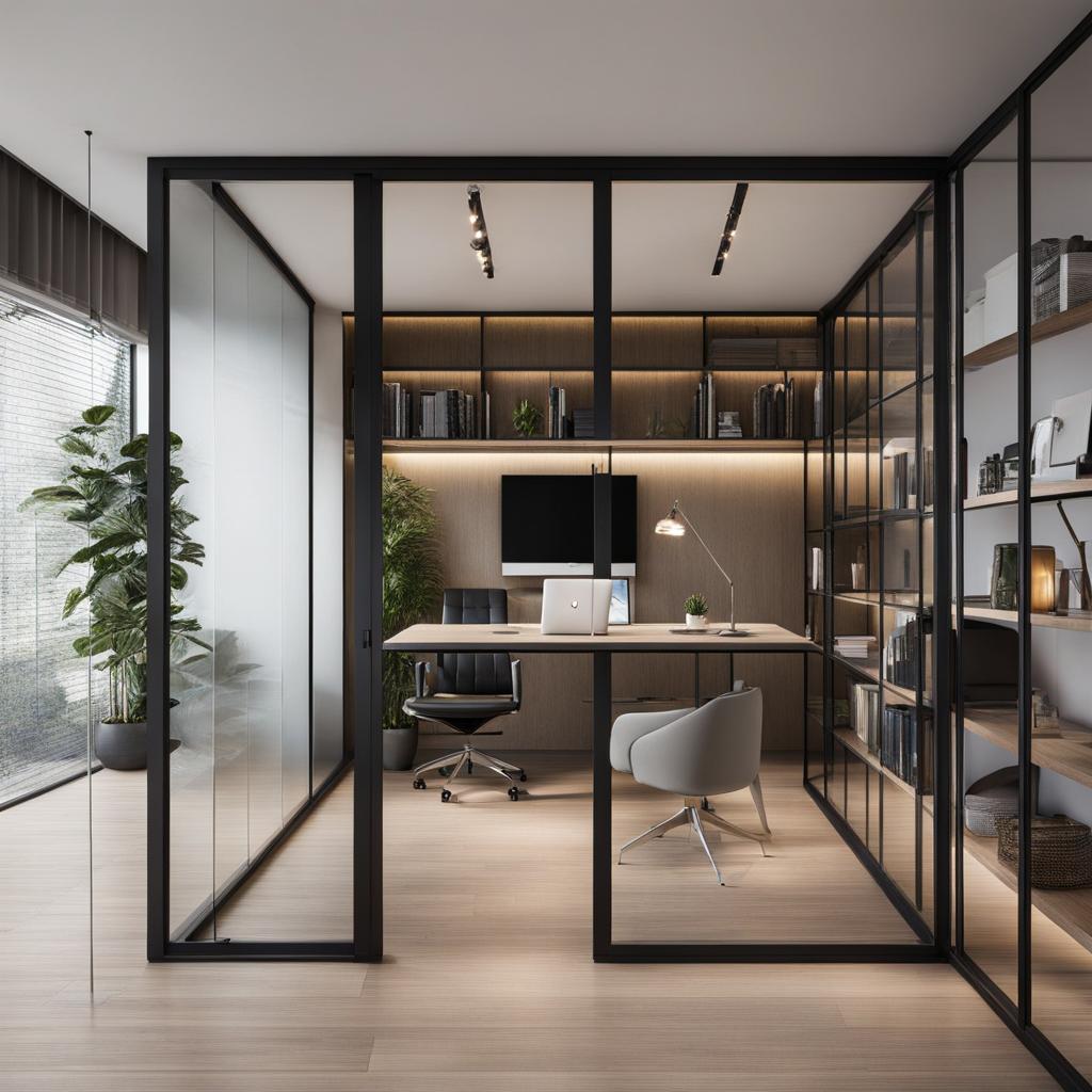 contemporary home office with an open layout and glass partitions. 