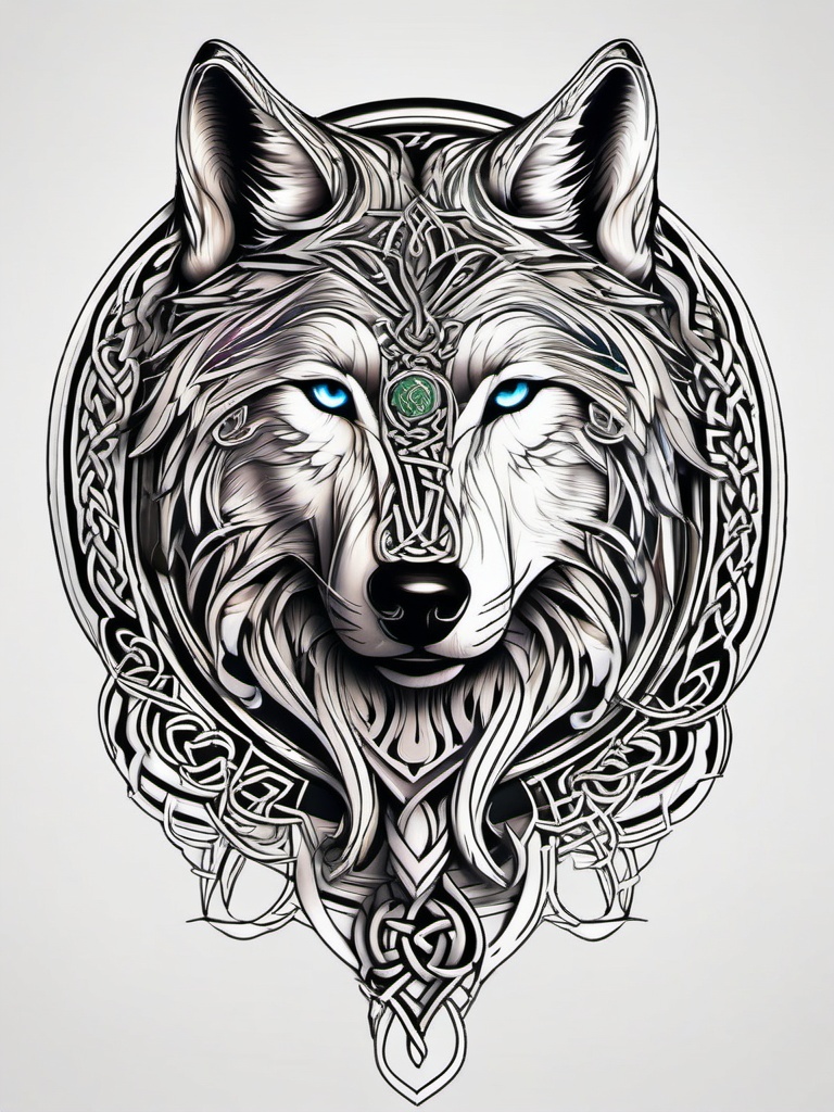 Wolf Tattoo Celtic,wolf design infused with the intricate and mesmerizing art of the Celts. , color tattoo design, white clean background