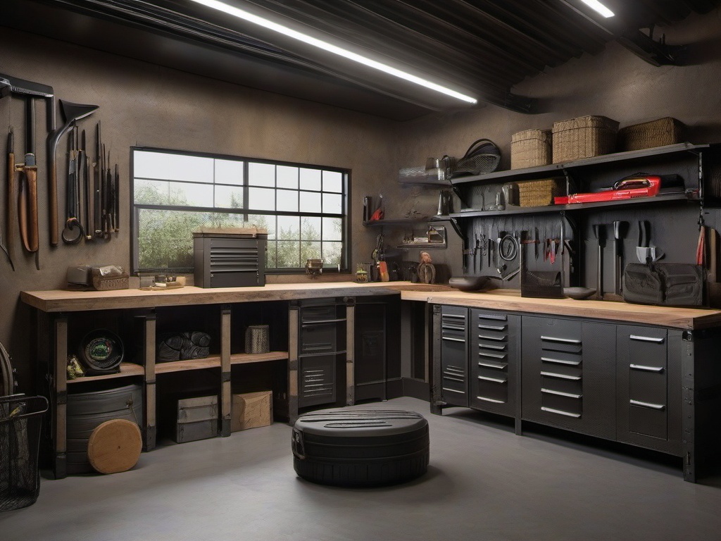 The garage features Post-Apocalyptic interior design with organized tools, rugged decor, and creative storage solutions that make the space both functional and visually engaging.  