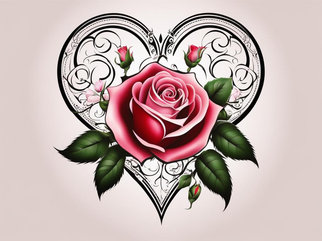 Rose heart tattoo, Tattoos blending the grace of roses with heart symbols.  color, tattoo patterns, white clean background