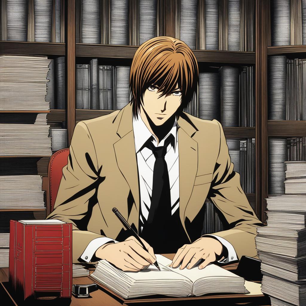 light yagami writes names in the death note while sitting at a meticulously organized desk. 