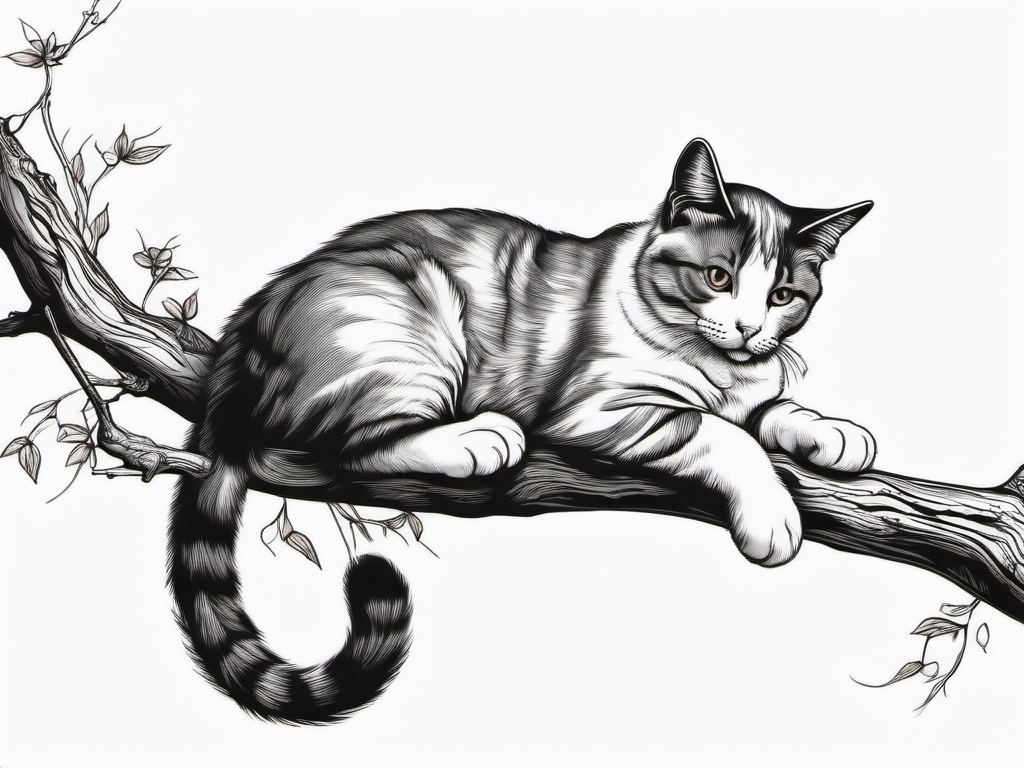 Cat perched on a branch ink: A moment of tranquility and agility in tattoo art.  color outline tattoo, white background