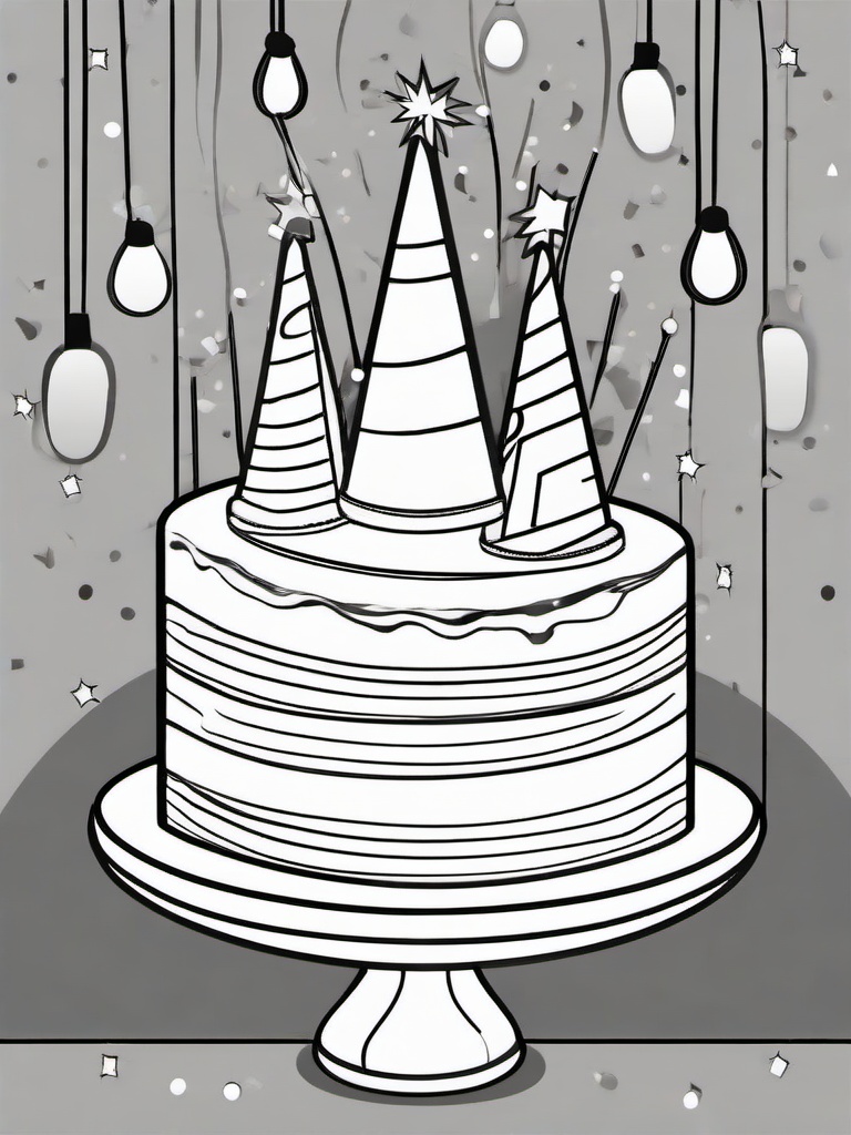 Birthday Cake with Party Hats Coloring Pages - Hats Surrounding a Festive Cake  minimal black outline printable sheet, coloring page