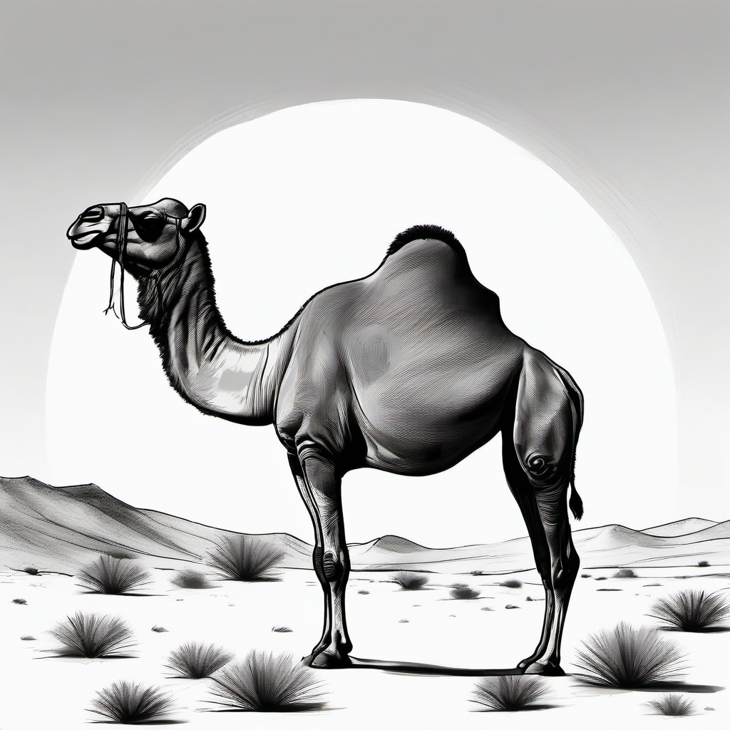 drawing of a camel in the desert  minimal rough sketch scribbles,doodles,black and white