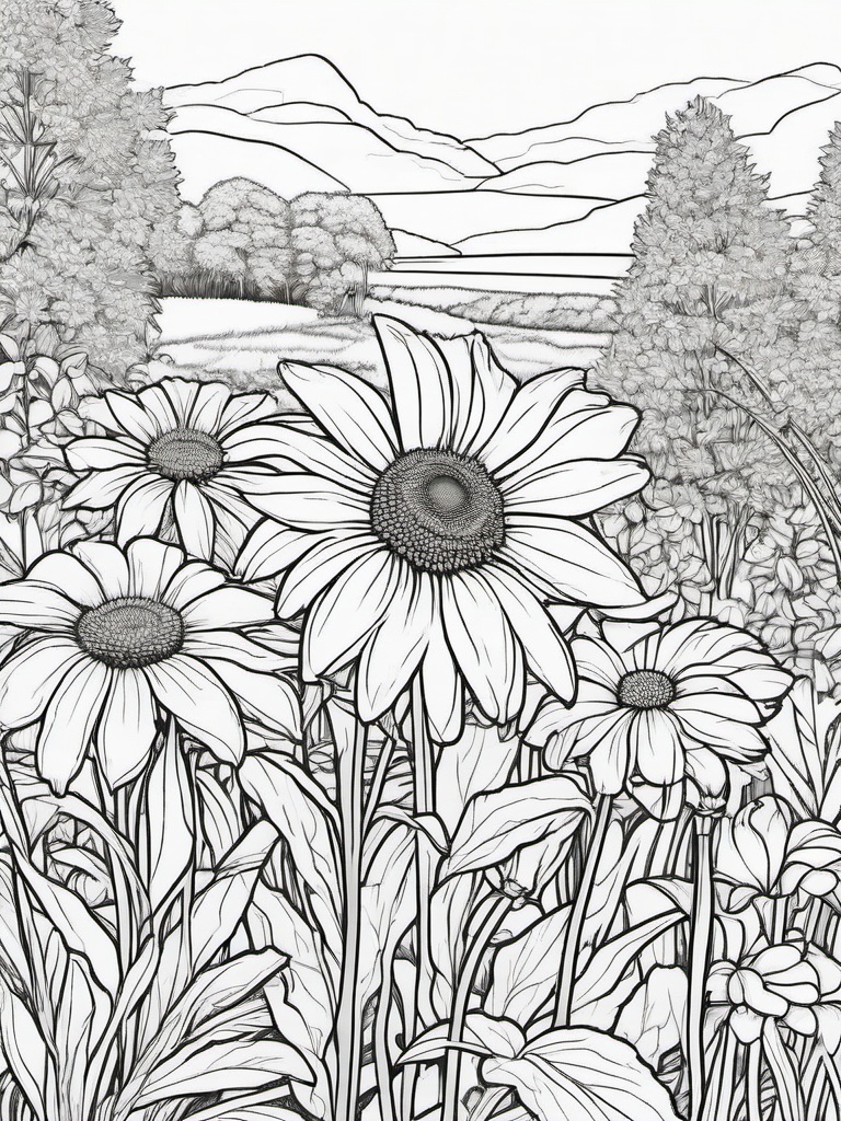 Rudbeckia coloring page sheet - Rudbeckia flowers filling a summer garden with bright yellow.  black outline printable coloring page