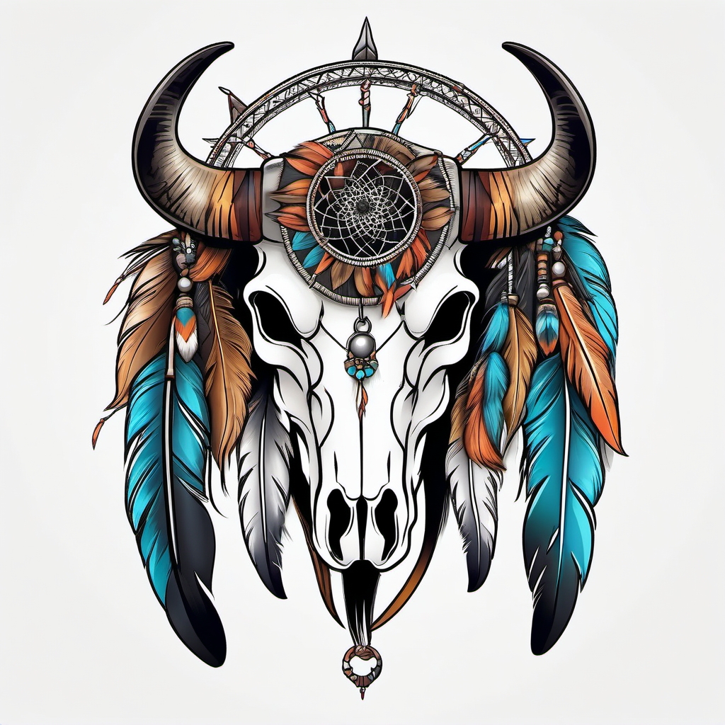 Bull skull with feathers and dreamcatcher tattoo. Native American fusion.  color tattoo design, white background