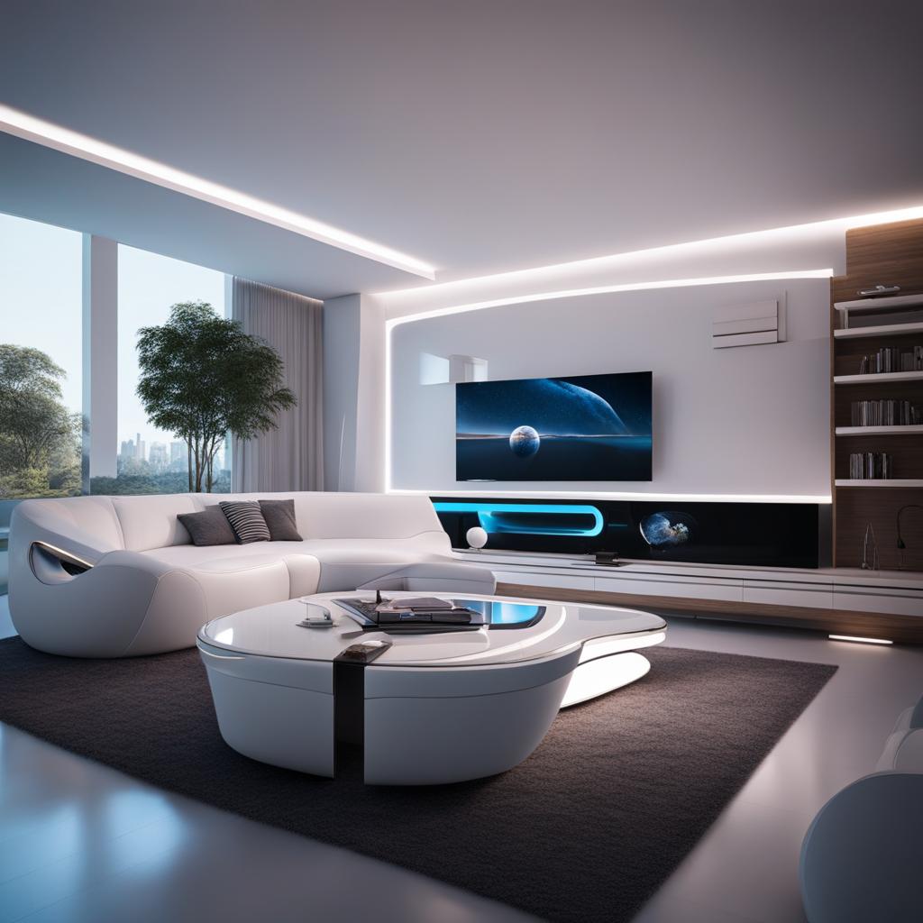 futuristic living room with high-tech gadgets and futuristic furniture. 