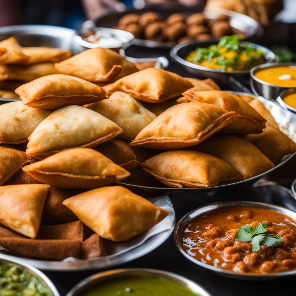 indian street food tour - savory snacks like samosas, chaat, and vada pav from street vendors. 