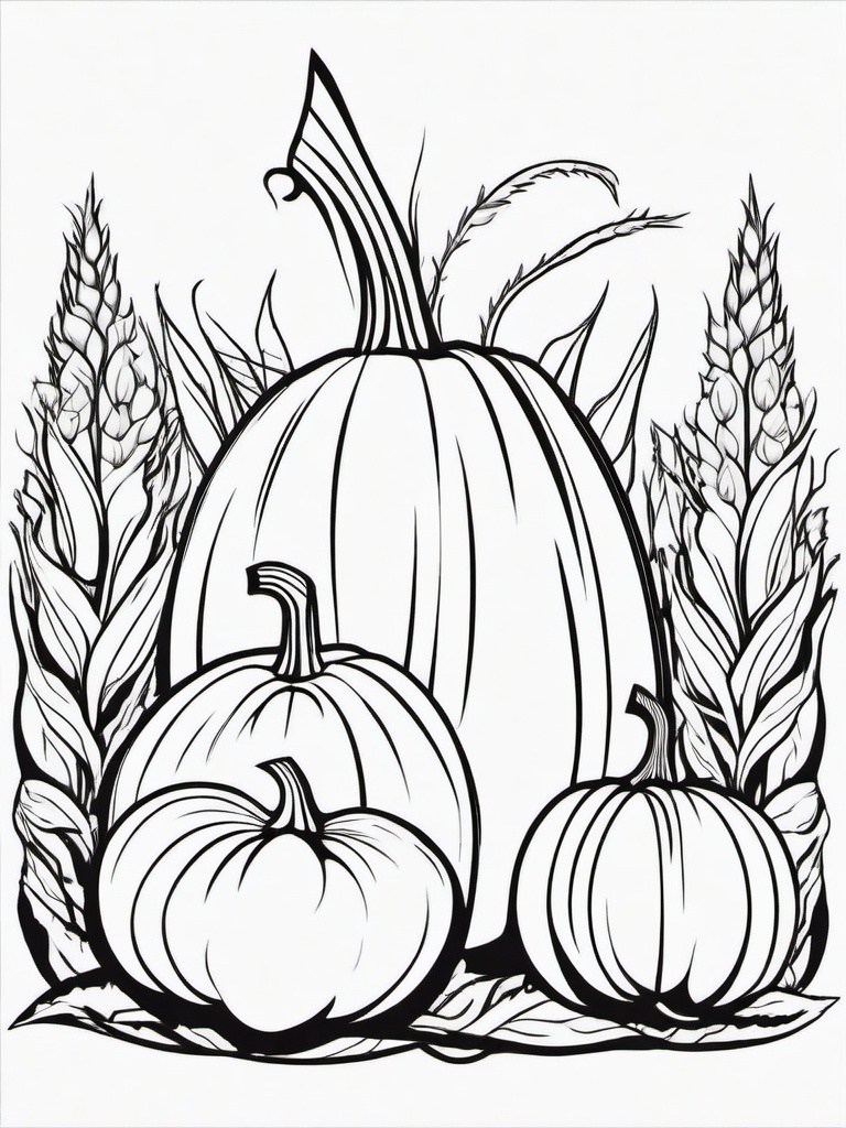 Pumpkin with Cornstalks Coloring Pages - Tall Cornstalks Surrounding the Pumpkins  minimal black outline printable sheet, coloring page