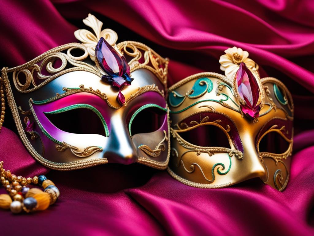 venetian masks, a venetian carnival scene with intricate masks and colorful costumes. 