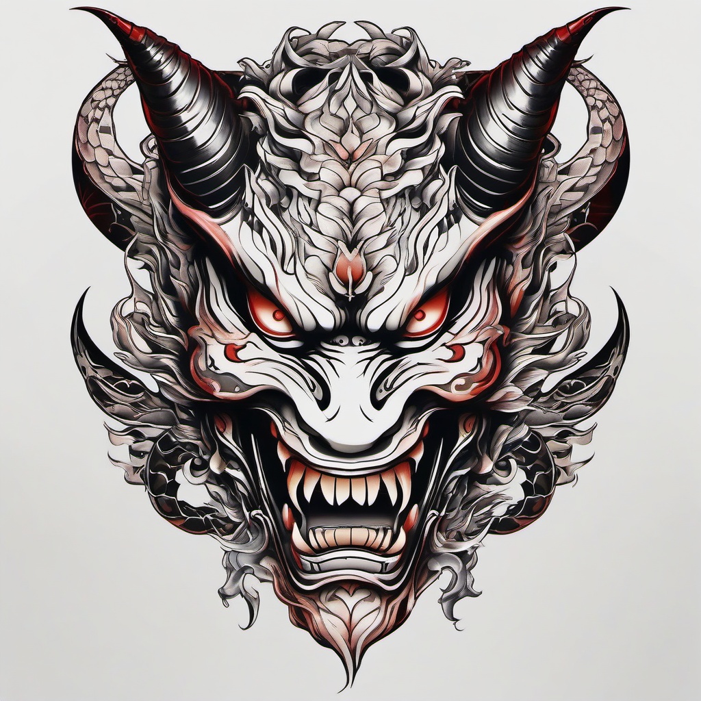 Hannya and Dragon Tattoo - Blends the symbolic Hannya mask with the mythical dragon, creating a powerful tattoo design.  simple color tattoo,white background,minimal