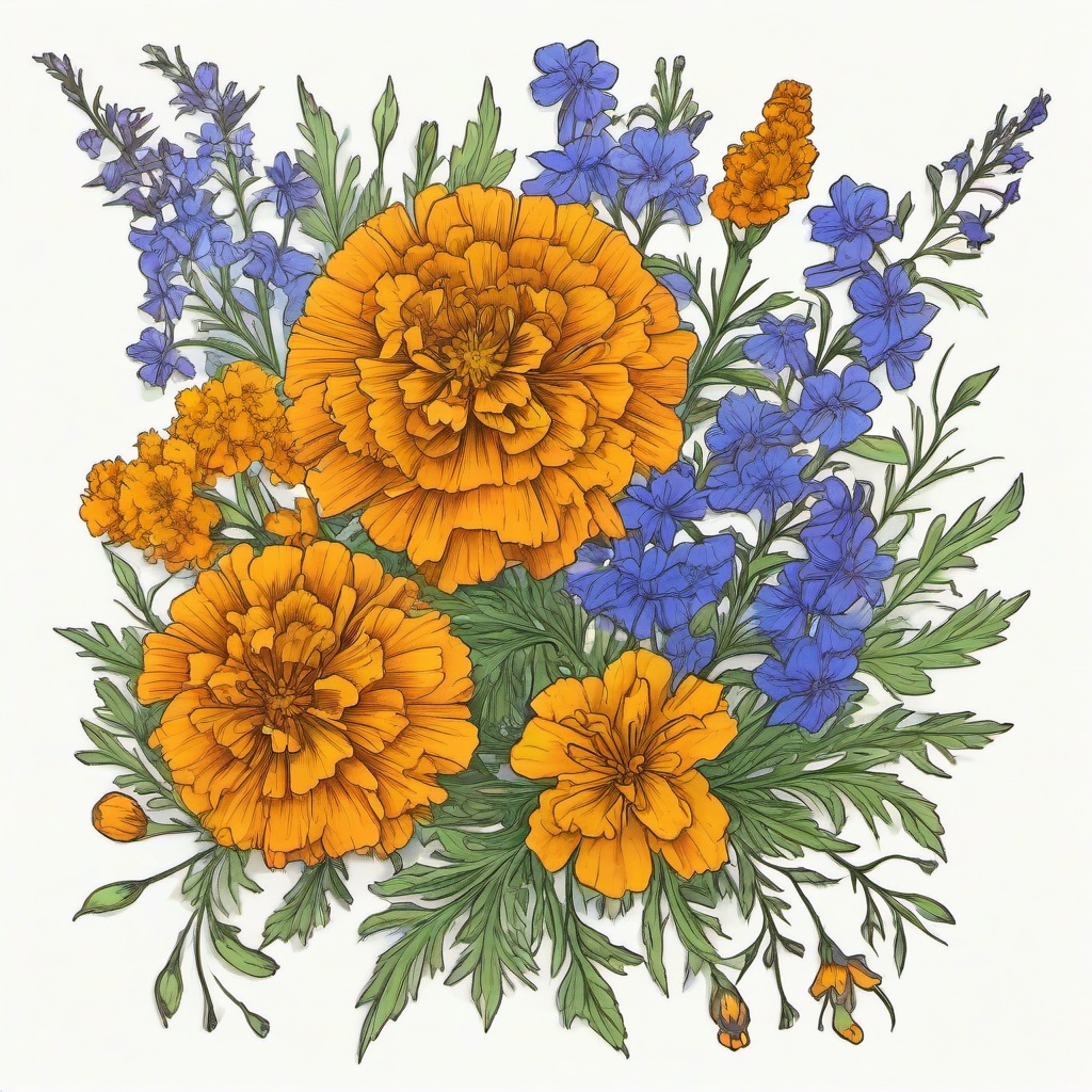 Marigold and larkspur flower  ,tattoo design, white background