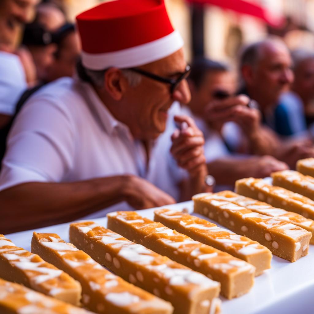 turron, spanish nougat confection, relished at a lively flamenco street performance in seville. 