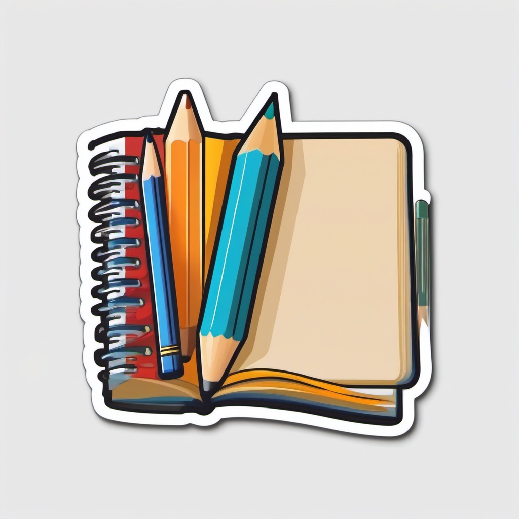 Pencil and Sketchbook Sticker - Pencil next to an artist's sketchbook, ,vector color sticker art,minimal