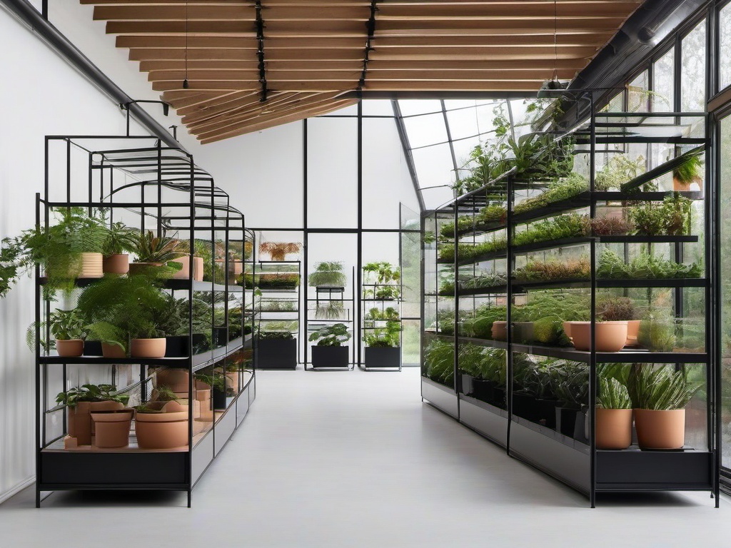 Bauhaus greenhouse features sleek, geometric frames, functional planter layouts, and minimalist shelving, blending modern design with nature in an organized space.  