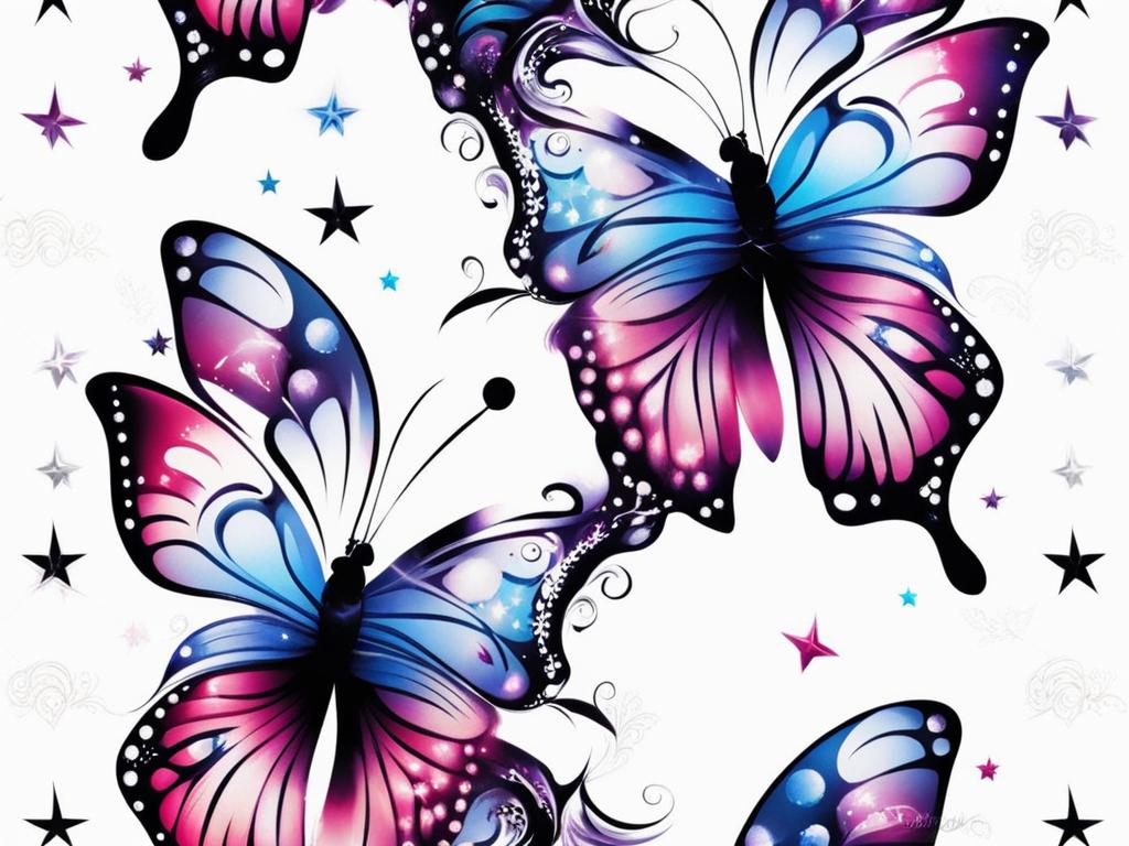 Butterfly star tattoo, A stylish combination of stars and butterflies in tattoo art.  viviid colors, white background, tattoo design