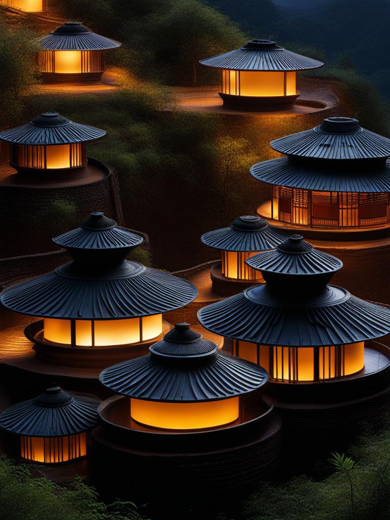 tulou clusters - create a scene of the unique tulou earthen buildings at night, with their circular architecture and intricate details bathed in warm light. 