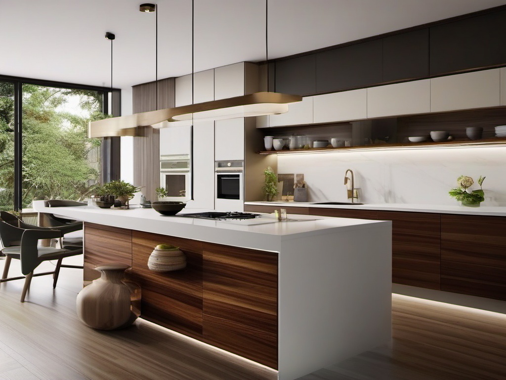 Modern Zen Aesthetics - Create a modern kitchen with serene and zen-inspired decor. , kitchen layout design ideas, multicoloured, photo realistic, hyper detail, high resolution,