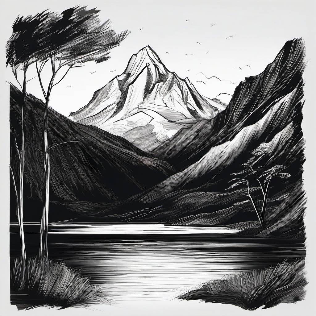 drawing of a mountain with a lake  minimal rough sketch scribbles,doodles,black and white