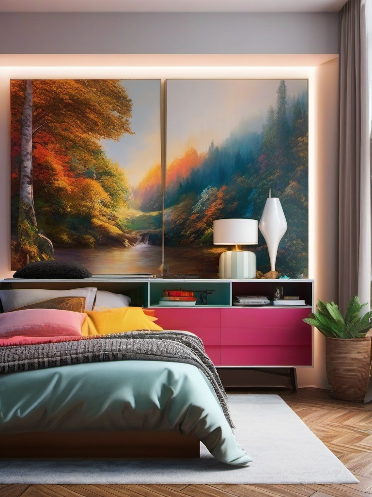 Artistic Studio Sleeping Space - Create a bedroom that doubles as an artistic studio space. , bedroom interior decor design ideas, multicoloured, photo realistic, hyper detail, high resolution,