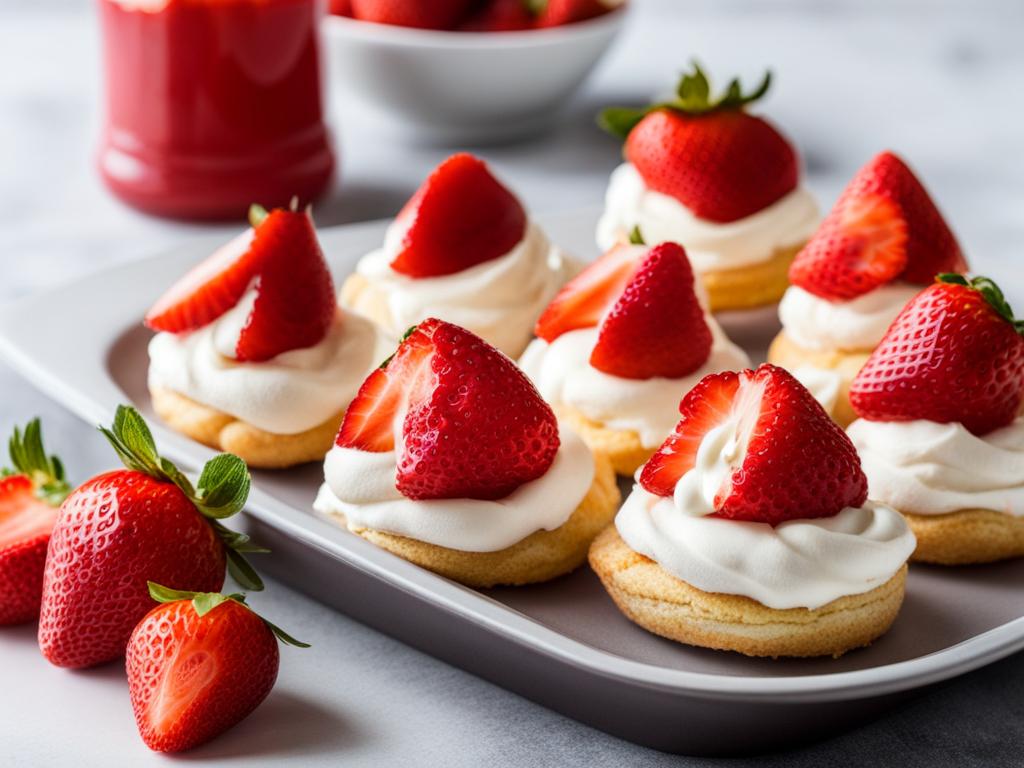 a platter of mini strawberry shortcakes, each with a fluffy biscuit, whipped cream, and fresh strawberries. 