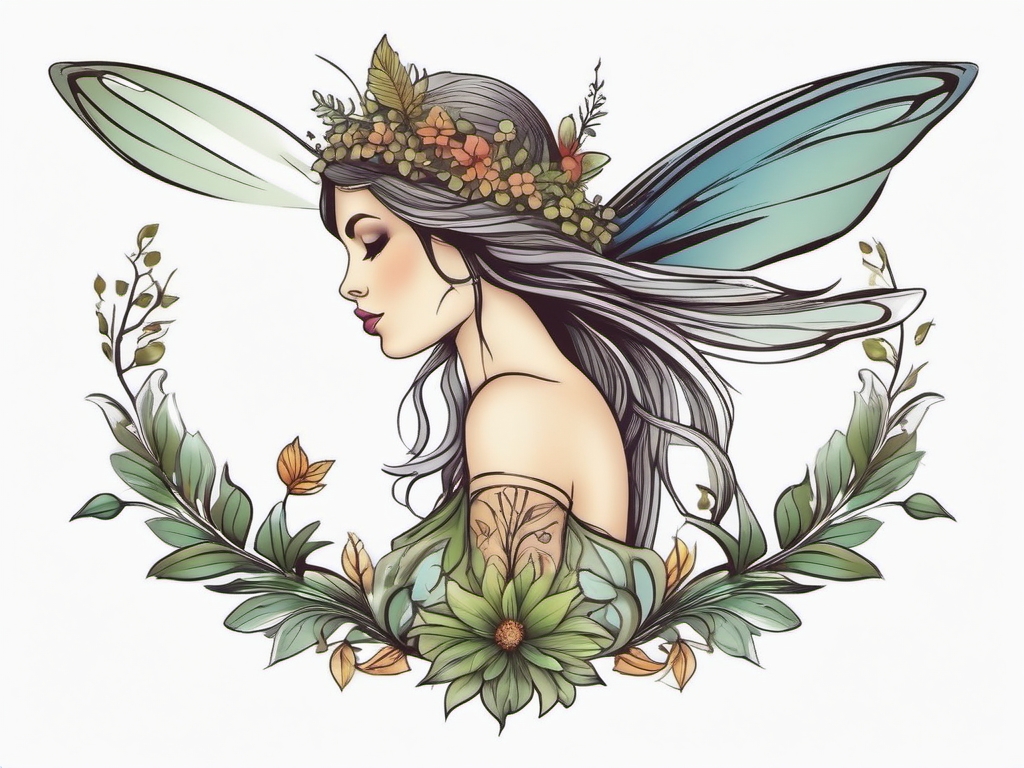 Fairy Tattoo: Forest Fairy  simple color tattoo style,white background