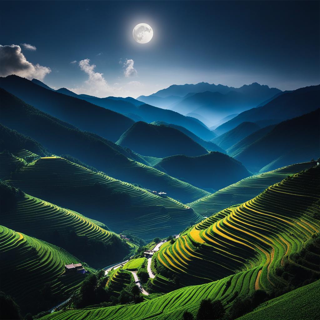 wuling mountains - paint the serene night landscapes of wuling mountains, where terraced fields, ethnic villages, and ancient culture come to life under moonlight. 