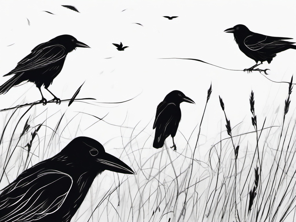 drawing of crows in a field  minimal rough sketch scribbles,doodles,black and white