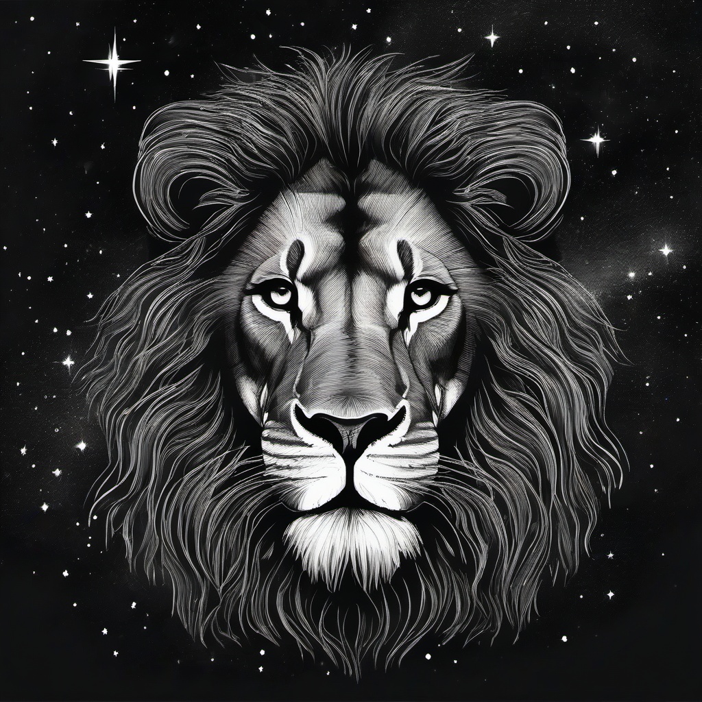 drawing of a lion in starry night  minimal rough sketch scribbles,doodles,black and white