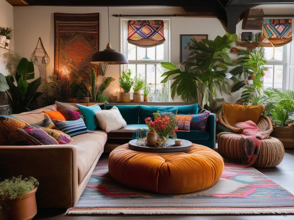 Bohemian living room is adorned with colorful throw pillows, eclectic artwork, and plants, creating a relaxed and artistic environment for gatherings.  