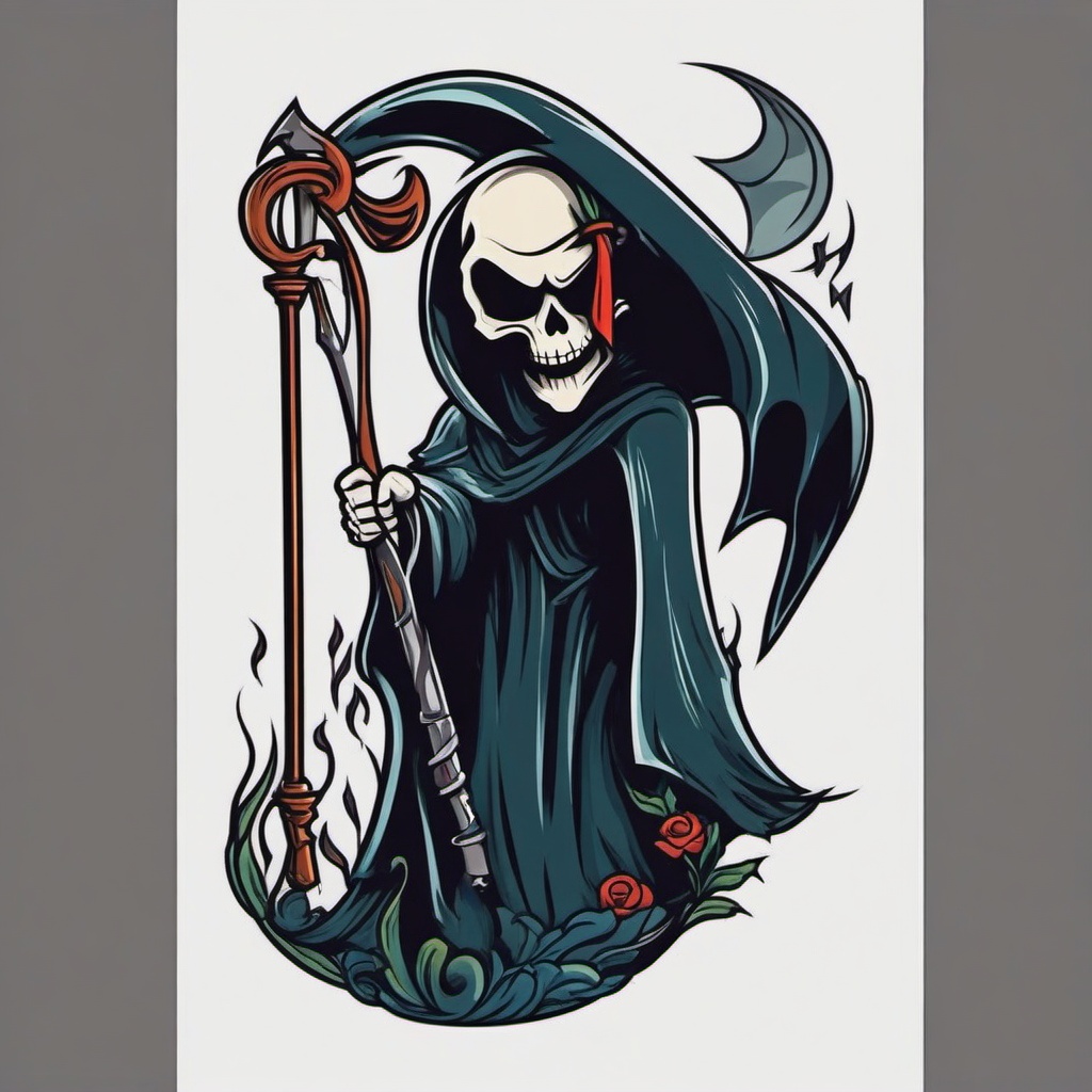 Cartoon Grim Reaper Tattoo-Whimsical and playful tattoo featuring a cartoon-style Grim Reaper, blending themes of death and humor in a creative design.  simple color vector tattoo