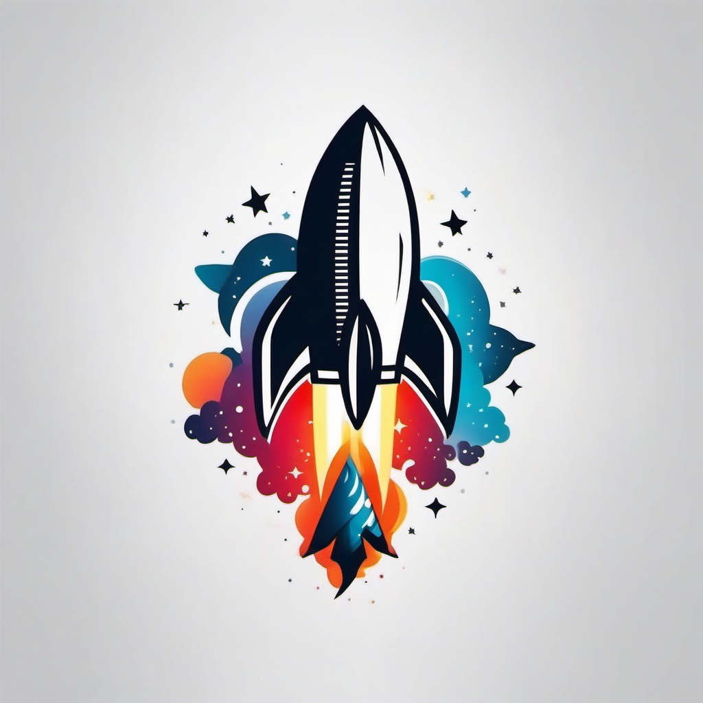 ADHD Tattoo-Rocket ship and stars tattoo symbolizing the boundless energy of ADHD. Colored tattoo designs, minimalist, white background.  color tattoo style, minimalist, white background