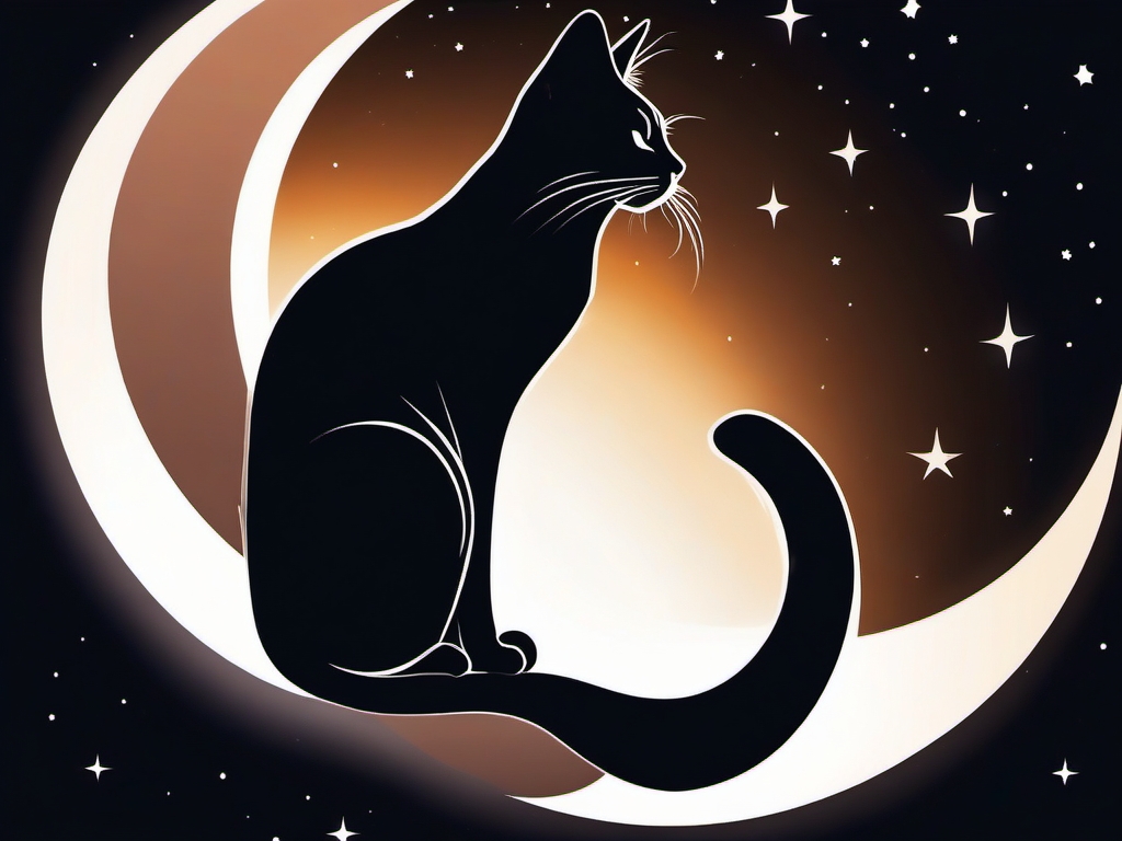 Eternal moonlit cat, a silhouette of a cat basking in the glow of the eternal moon, capturing the magic of the night.  colored tattoo style, minimalist, white background