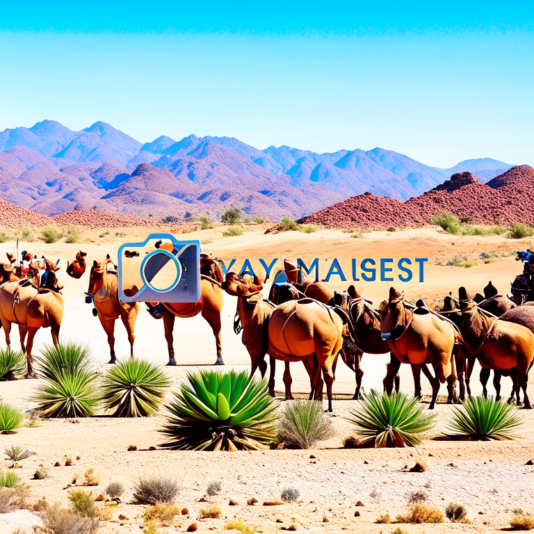 camels organizing a 'spit-target competition,' aiming at cactus-shaped targets in the desert. 