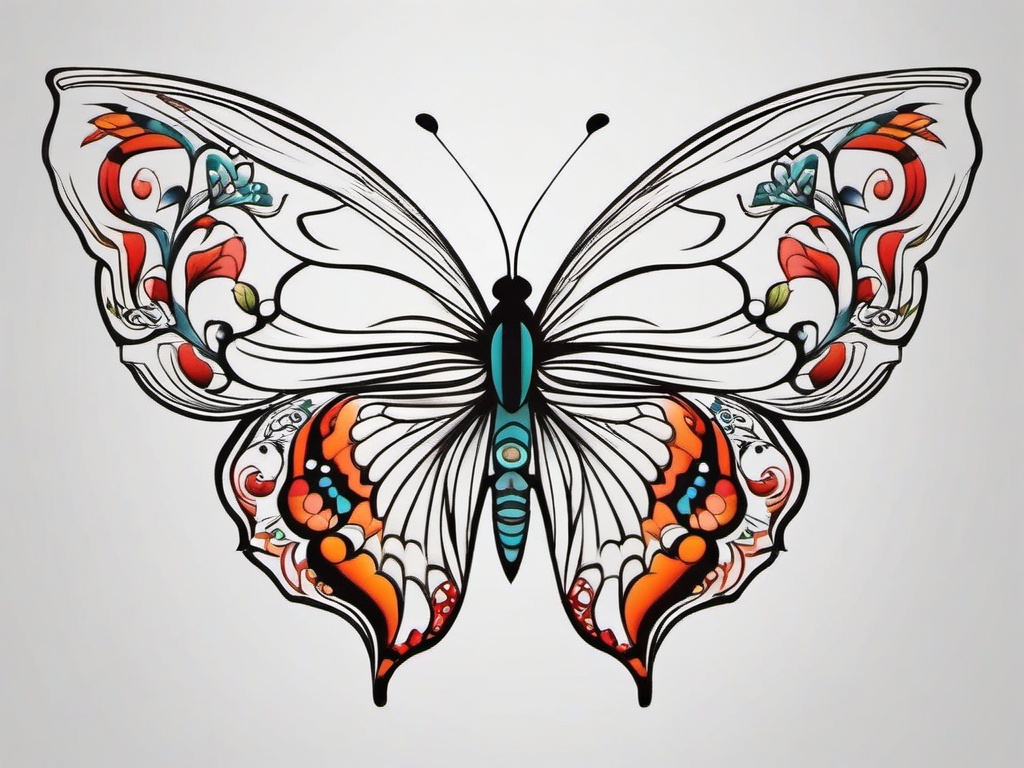 asian butterfly tattoo designs  simple color tattoo, minimal, white background