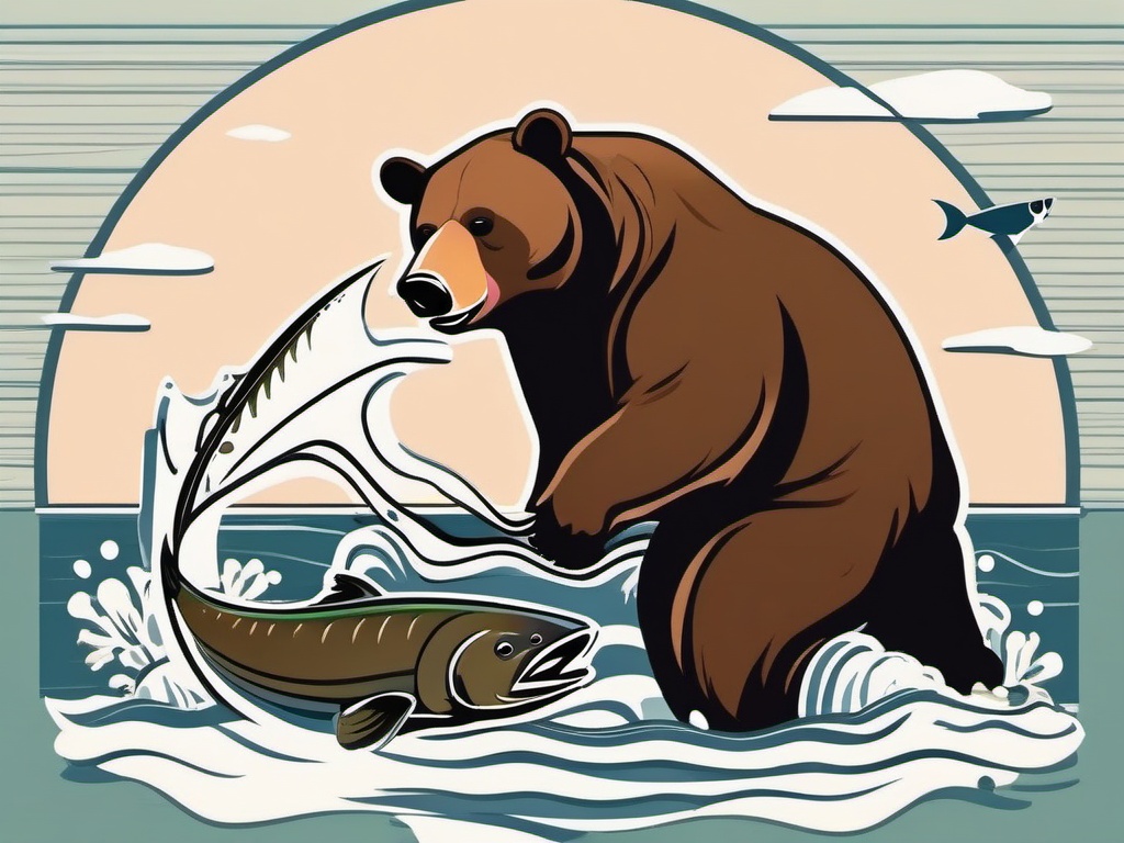 Brown Bear Fishing Clip Art - Brown bear catching salmon,  color vector clipart, minimal style