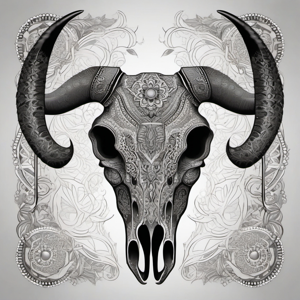 Dotwork longhorn skull design: Intricate patterns, timeless elegance.  black and white tattoo style