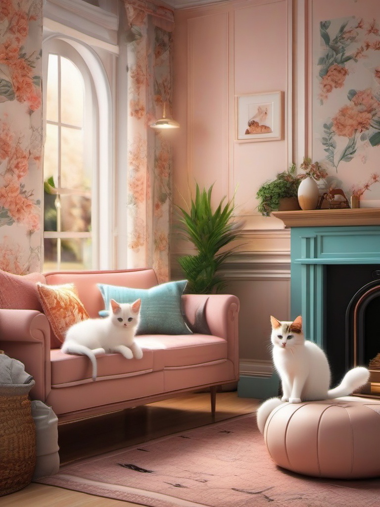 Cute Cat Wallpaper - Playful Kittens in a Cozy Living Room  wallpaper style, intricate details, patterns, splash art, light colors