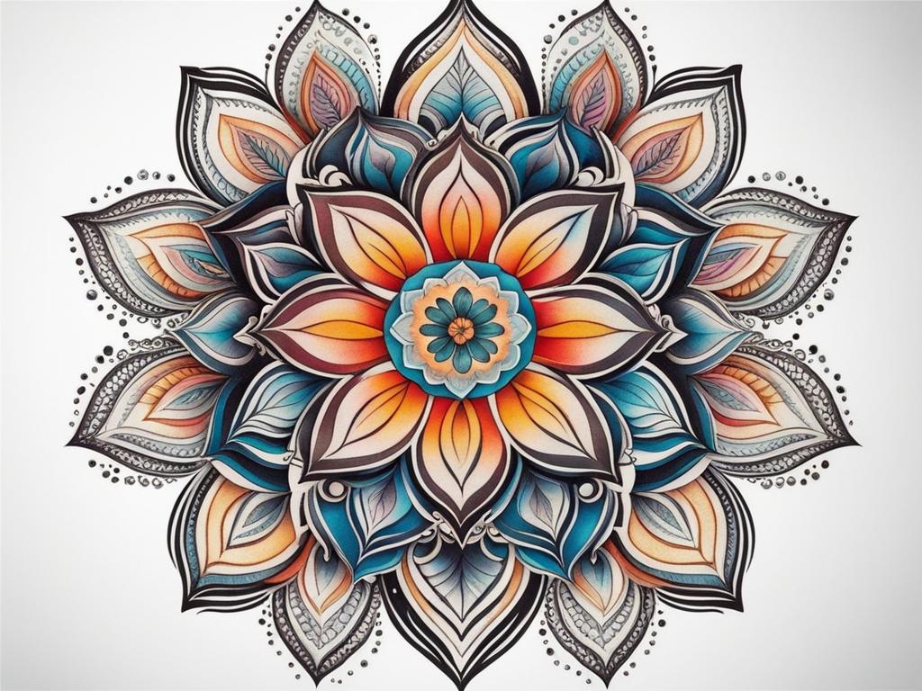 Mandala flower tattoo, Creative tattoos that combine the elegance of mandalas with floral elements. ,colorful, tattoo pattern, clean white background