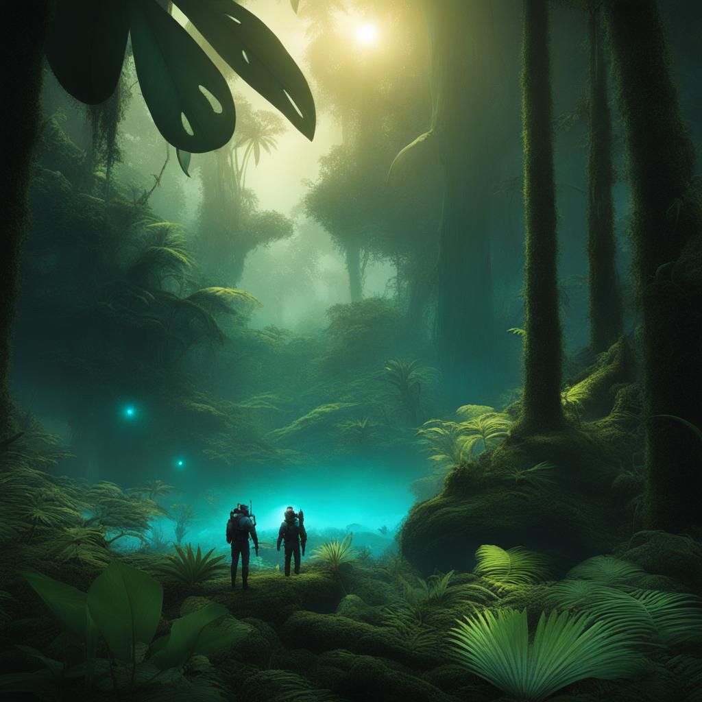 curious alien lifeforms exploring a lush, bioluminescent rainforest on an exotic planet. 