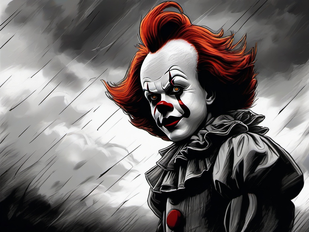 drawing of Pennywise in front of a stormy sky  minimal rough sketch scribbles,doodles,black and white