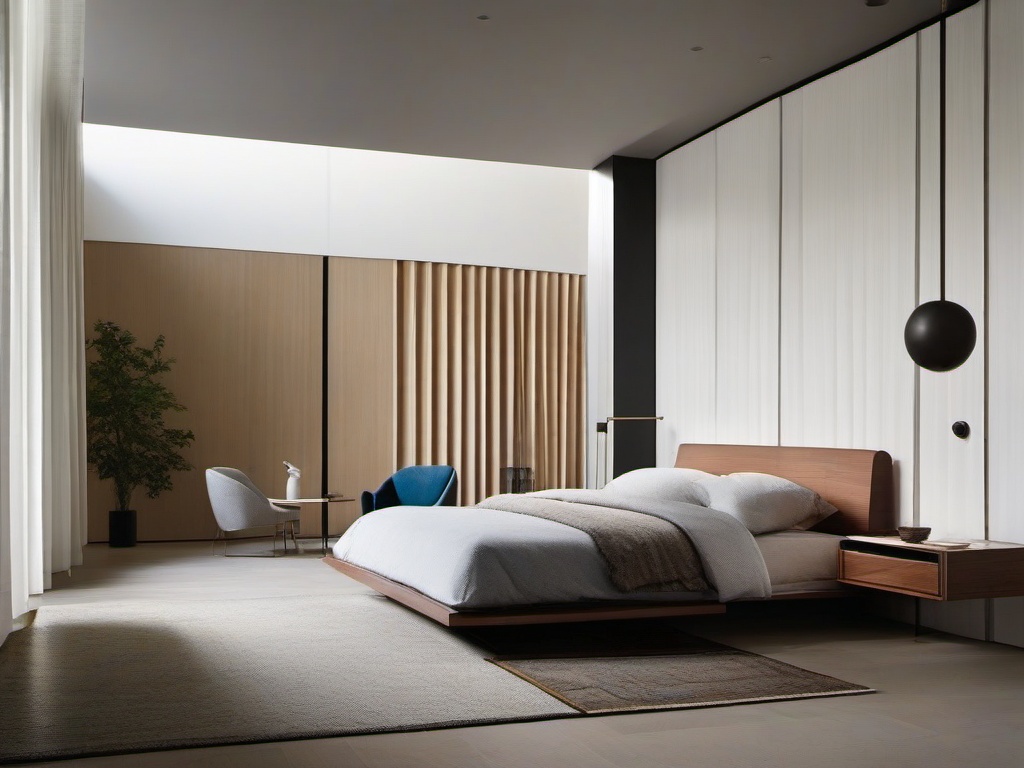 Bauhaus master bedroom features clean-lined furniture, a minimalist headboard, and geometric textiles, creating a serene and uncluttered environment for rest.  