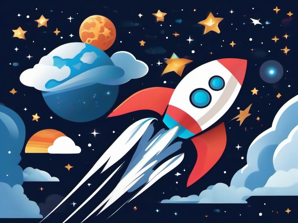 Rocket traveling through a galaxy clipart.  vector style illustration, white background