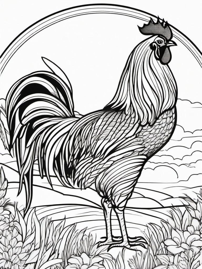 Farm Animal Coloring Pages - Rooster crowing as the sun rises  simple coloring pages