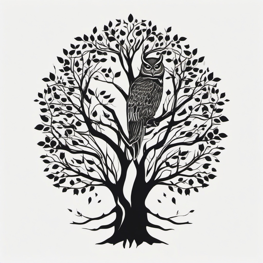 Tree with Owl Tattoo - Connect with nature and wisdom through a tree with owl-themed tattoo.  simple color tattoo,vector style,white background