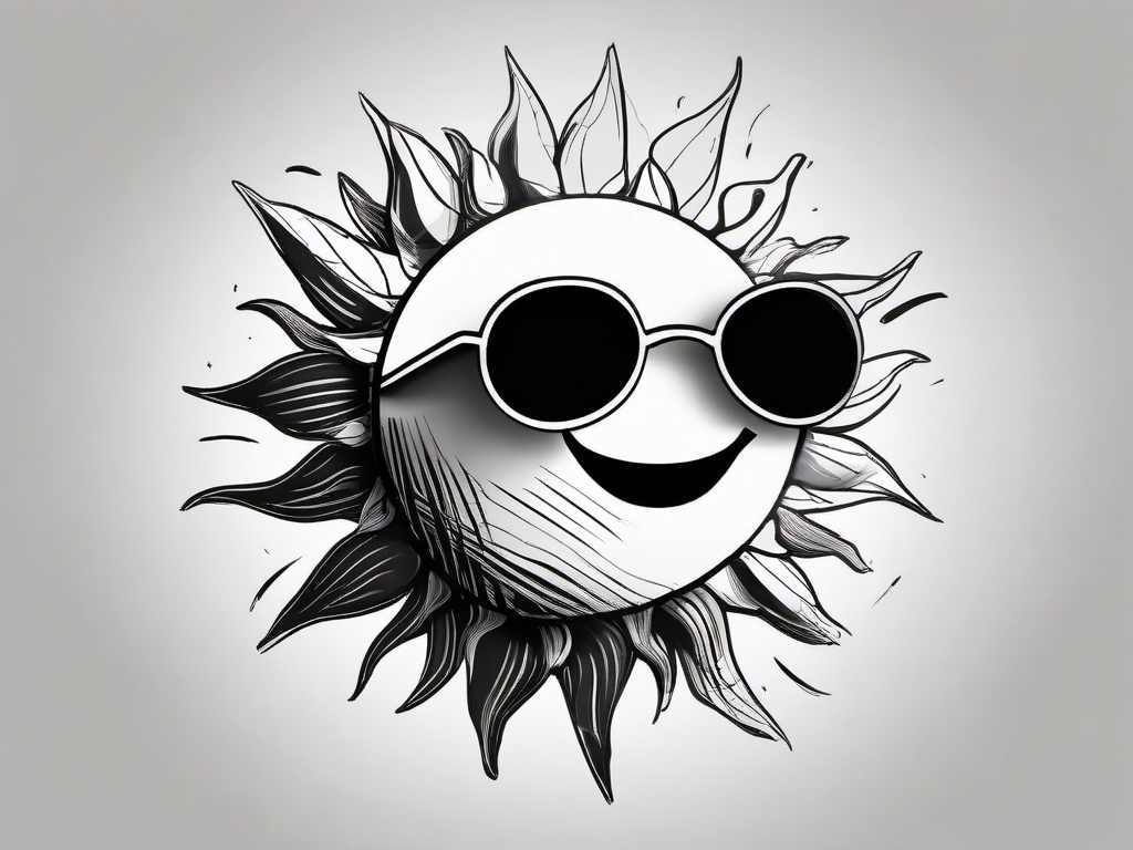 drawing of a cartoon sun with sunglasses  minimal rough sketch scribbles,doodles,black and white