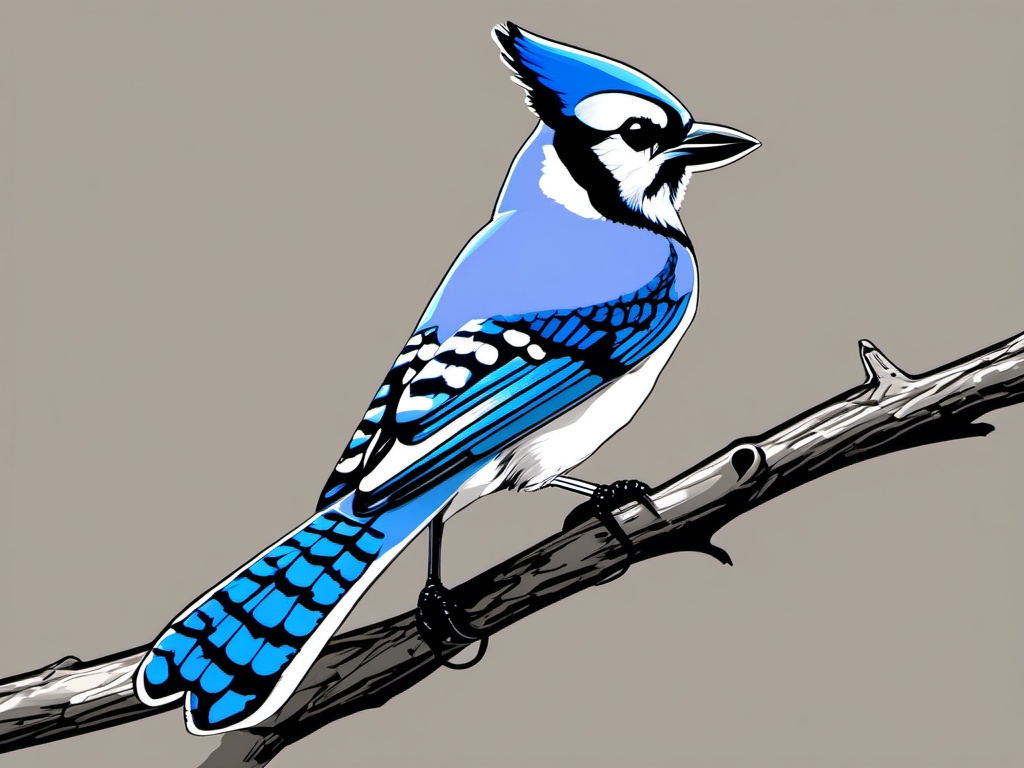 Blue Jay Clipart - Blue Jay perched on a tree branch , minimal, 2d